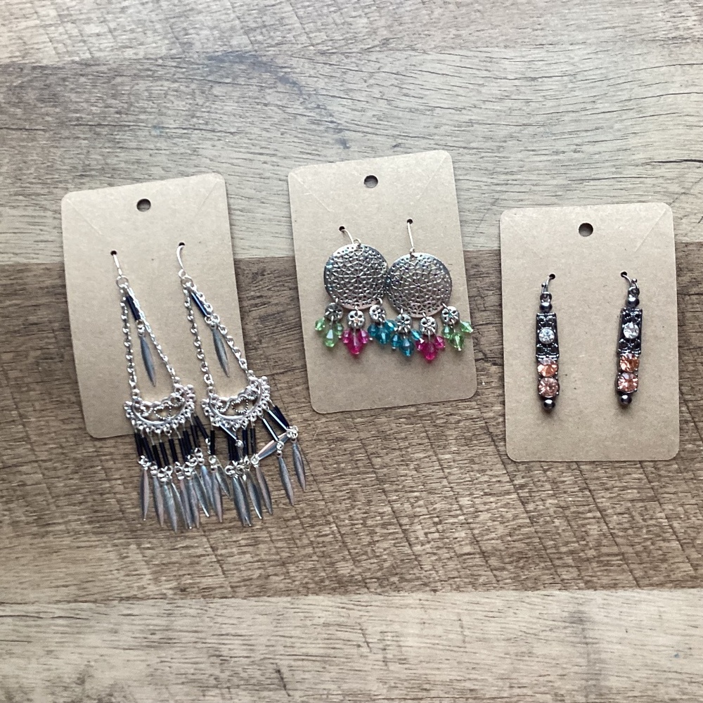 Lot Of 3 Silver Tone Rhinestone Colorful Drop Earrings Party Fashion Jewelry